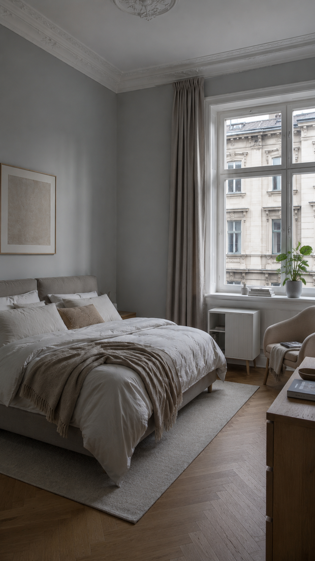 Schlafzimmer im Altbau tagsüber, neutrales Licht, ohne Ripple-Leuchte