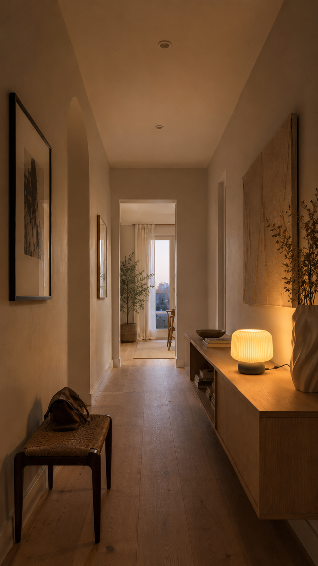 Gleicher Flur abends, Ripple Tischleuchte auf dem Sideboard eingeschaltet, warmes Licht