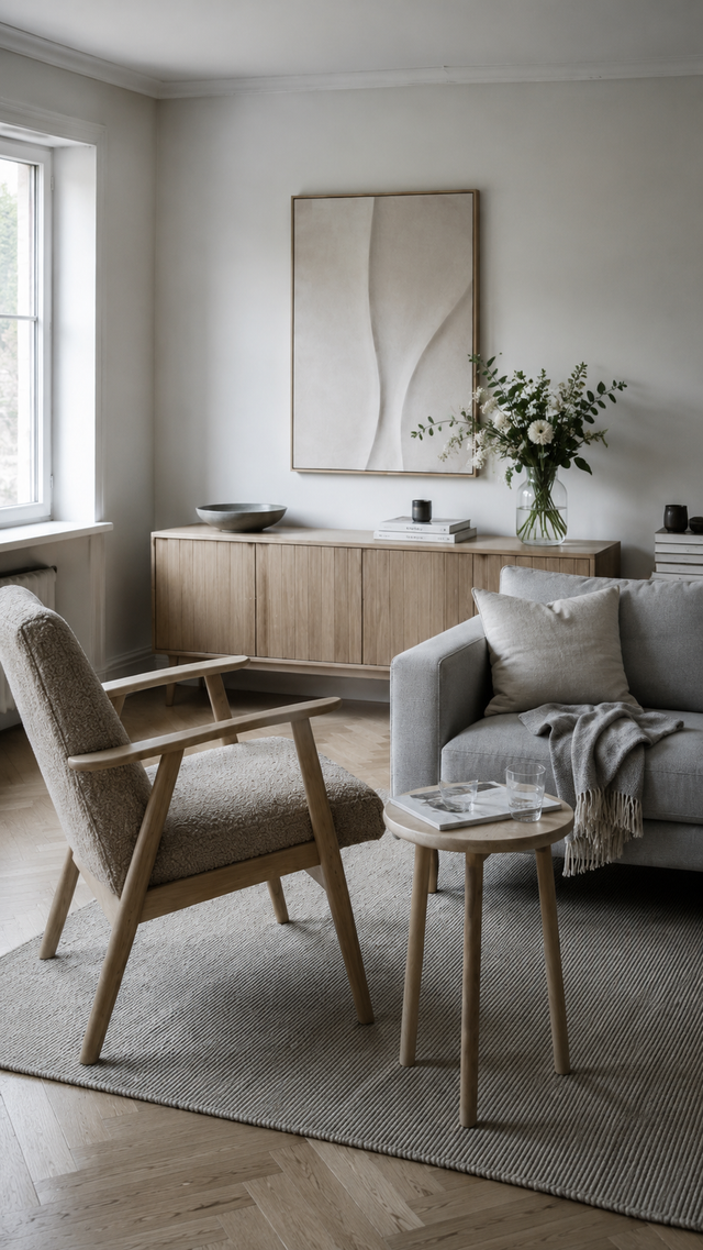 Wohnzimmer mit Sessel und Sofa tagsüber, neutrales Licht, ohne Ripple-Leuchte