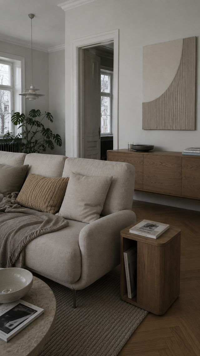 Wohnecke mit Sofa und Monstera tagsüber, neutrales Licht, ohne Ripple-Leuchte