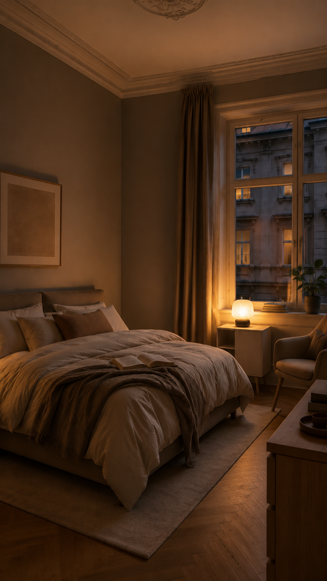 Gleiches Schlafzimmer abends, Ripple Tischleuchte auf dem Nachttisch eingeschaltet, warmes Licht